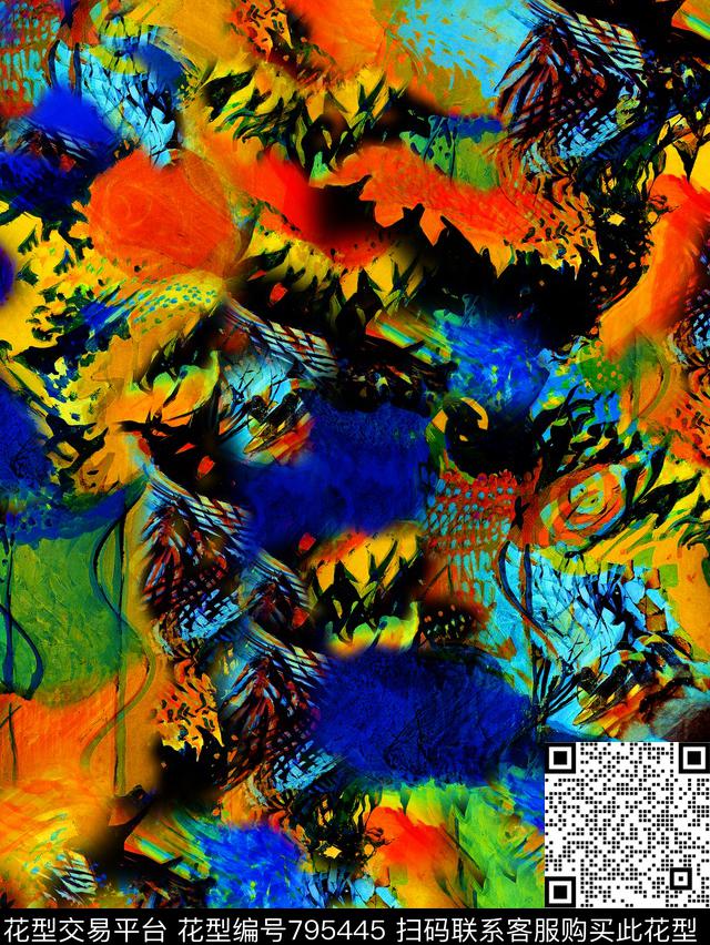 树枝抽象重彩数码印花华亿平台下载（图片编号: 795445） - 瓦栏（Walan）
