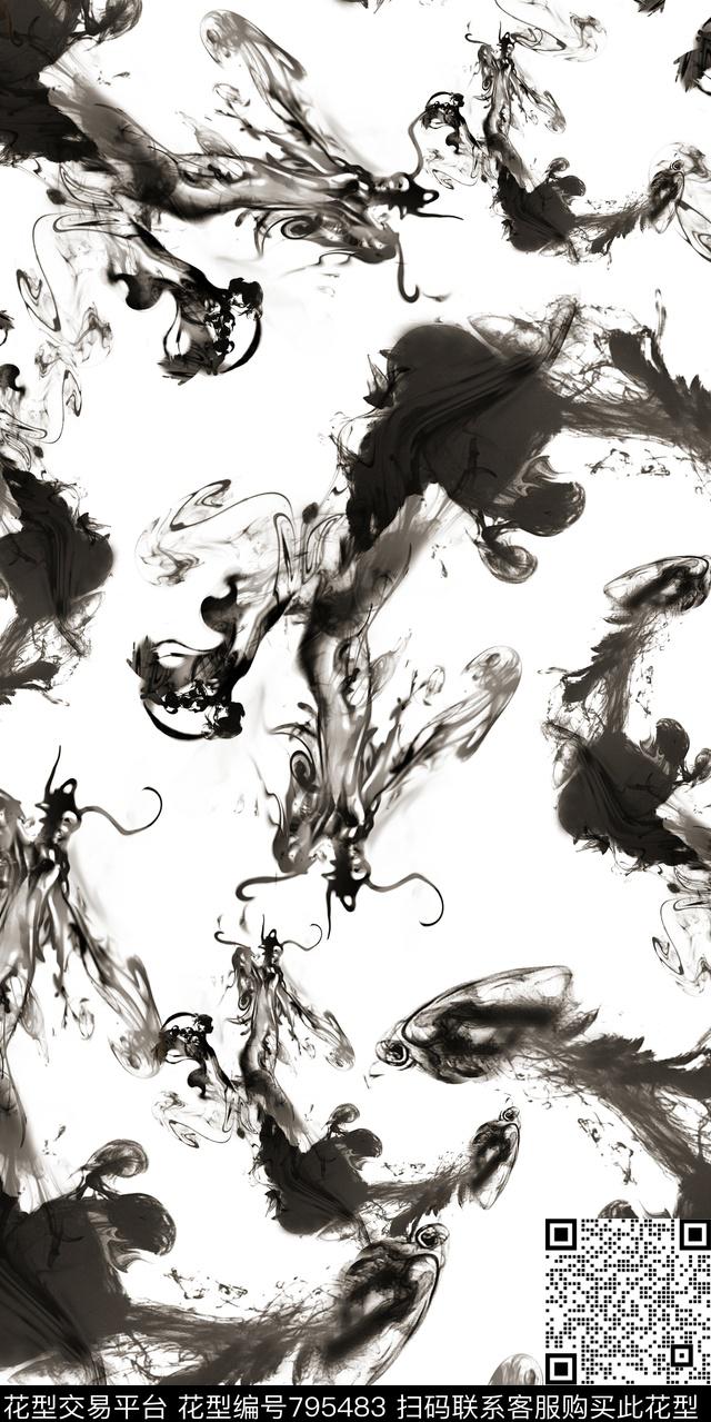 黑白花中国风水墨数码印花华亿平台下载（图片编号: 795483） - 瓦栏（Walan）