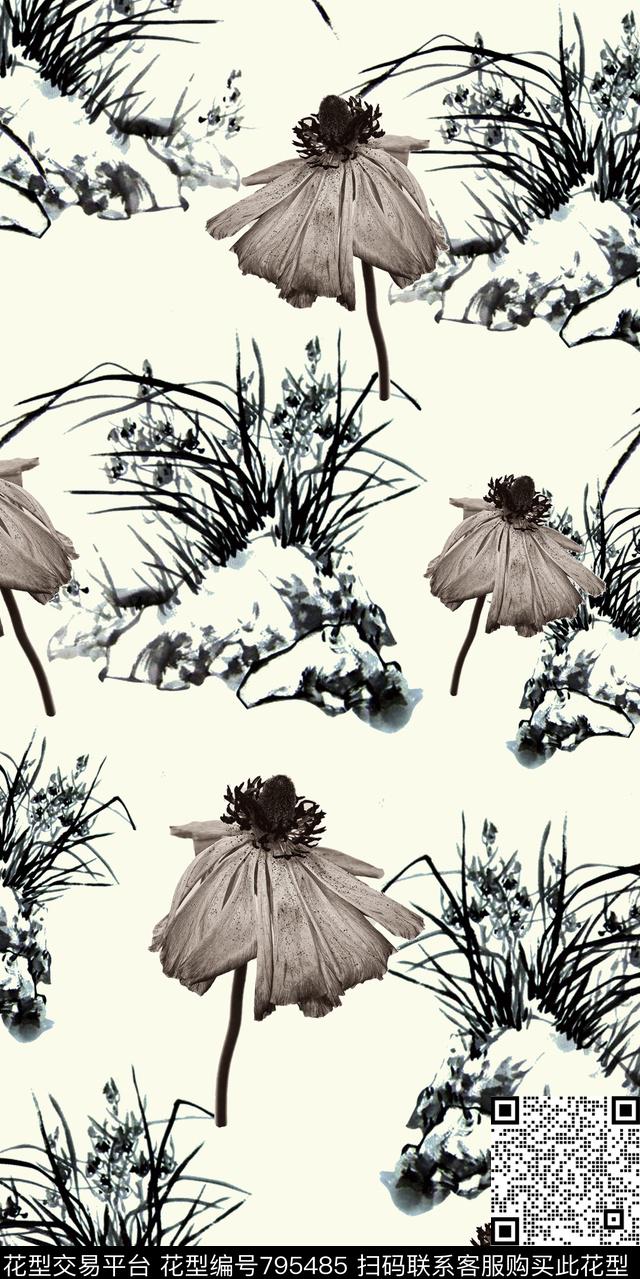 卷草纹花草水墨花卉数码印花华亿平台下载（图片编号: 795485） - 瓦栏（Walan）