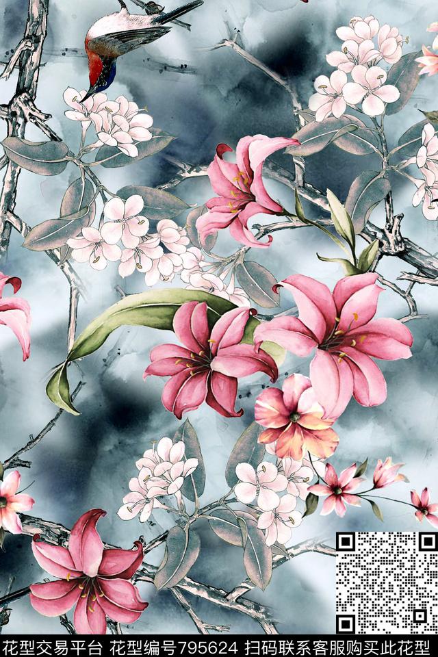 花卉工笔花鸟朦胧底纹数码印花华亿平台下载（图片编号: 795624） - 瓦栏（Walan）