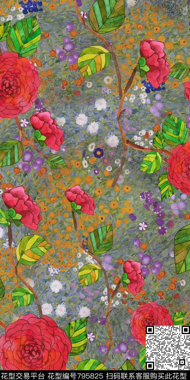 花卉油画树枝数码印花华亿平台下载（图片编号: 795825） - 瓦栏（Walan）