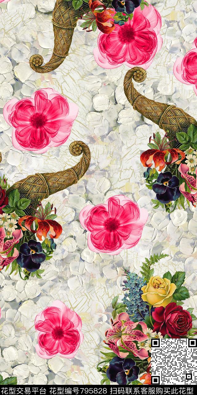 牡丹玫瑰花卉数码印花华亿平台下载（图片编号: 795828） - 瓦栏（Walan）