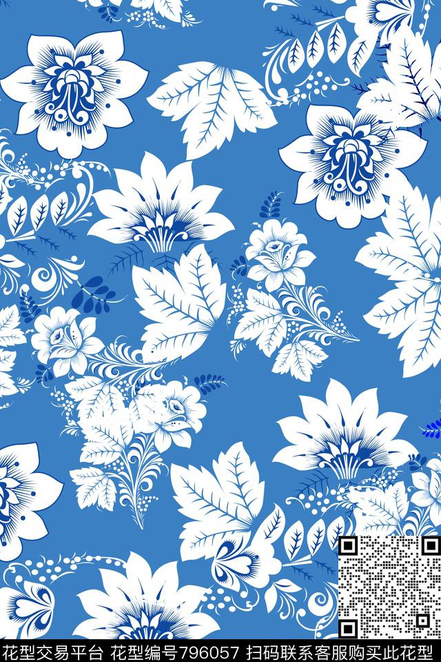 花卉抽象剪影清新传统印花华亿平台下载（图片编号: 796057） - 瓦栏（Walan）