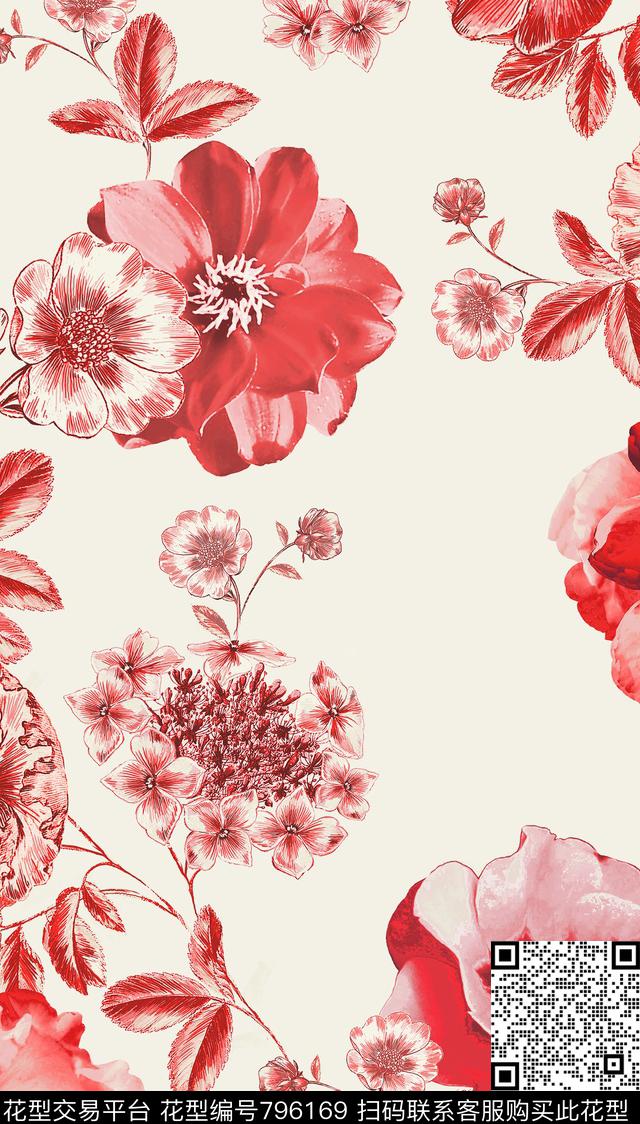 组合大花单色数码印花华亿平台下载（图片编号: 796169） - 瓦栏（Walan）