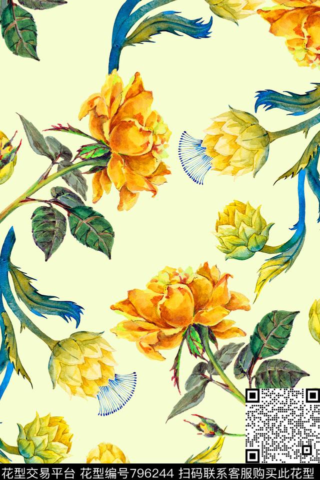 大朵手绘花卉数码印花华亿平台下载（图片编号: 796244） - 瓦栏（Walan）