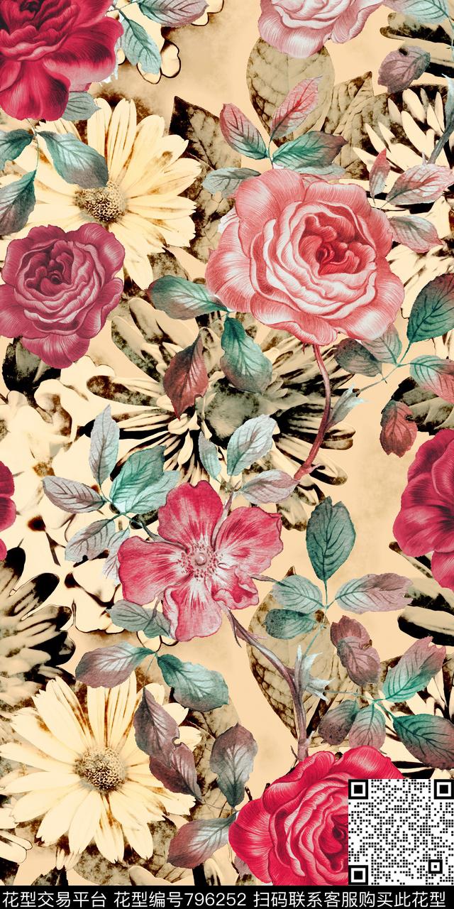 复古手绘花卉数码印花华亿平台下载（图片编号: 796252） - 瓦栏（Walan）