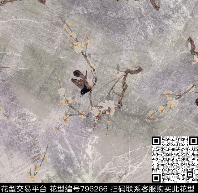 中国风枝条桃花数码印花华亿平台下载（图片编号: 796266） - 瓦栏（Walan）