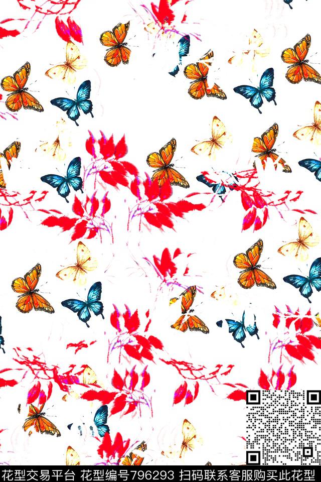 树枝花卉蝴蝶传统印花华亿平台下载（图片编号: 796293） - 瓦栏（Walan）