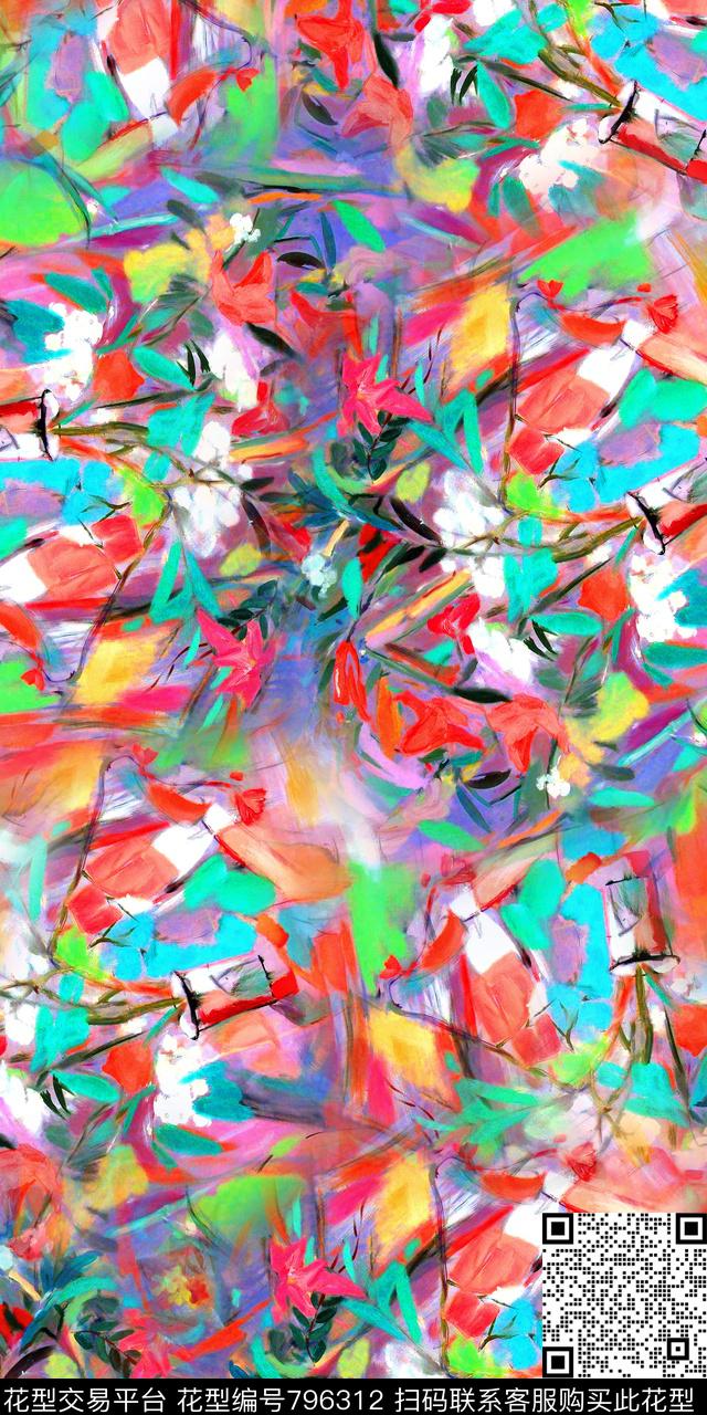 手绘抽象花卉数码印花数码印花华亿平台下载（图片编号: 796312） - 瓦栏（Walan）