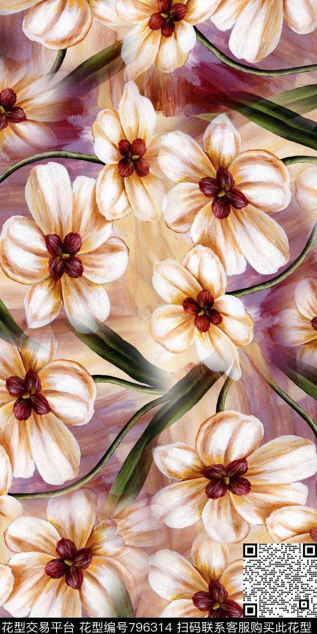 花朵手绘数码印花数码印花华亿平台下载（图片编号: 796314） - 瓦栏（Walan）