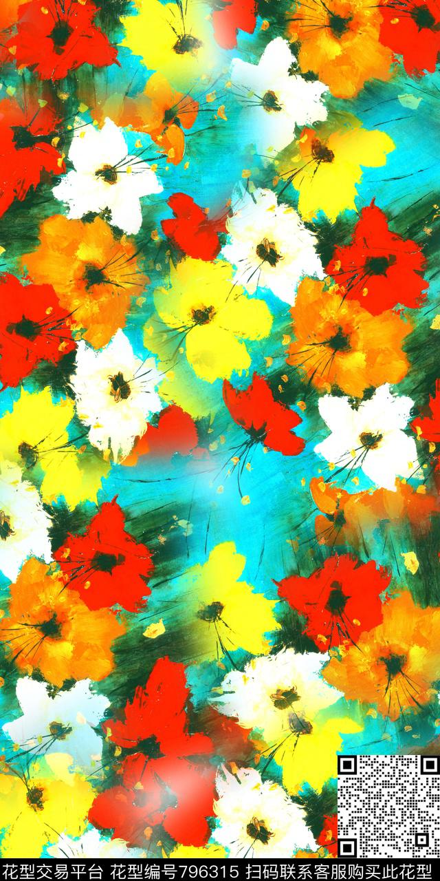 花朵手绘数码印花数码印花华亿平台下载（图片编号: 796315） - 瓦栏（Walan）