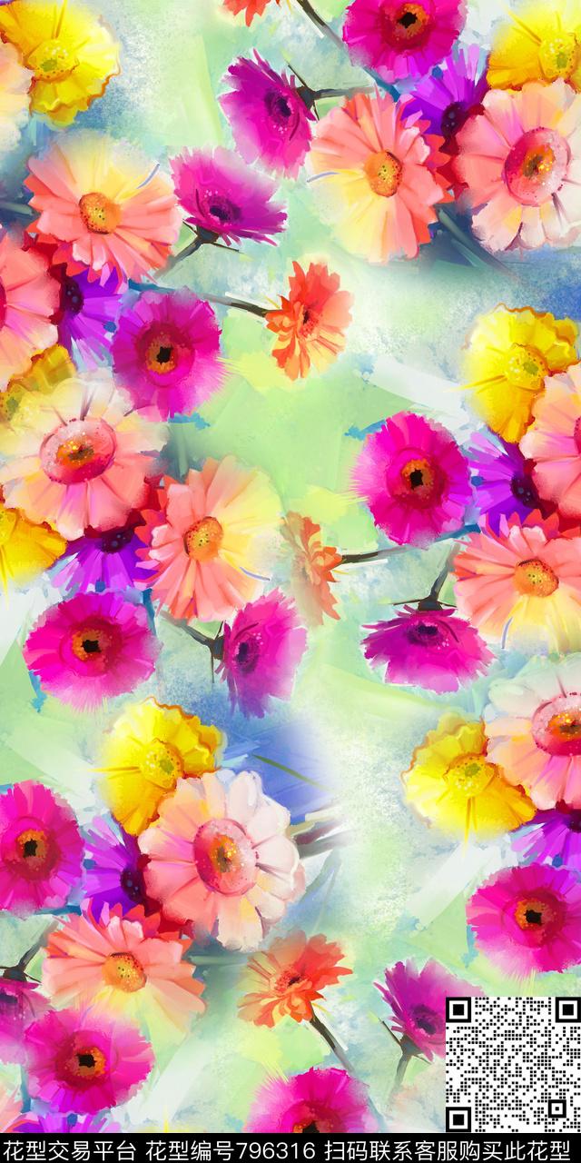 花朵手绘数码印花数码印花华亿平台下载（图片编号: 796316） - 瓦栏（Walan）