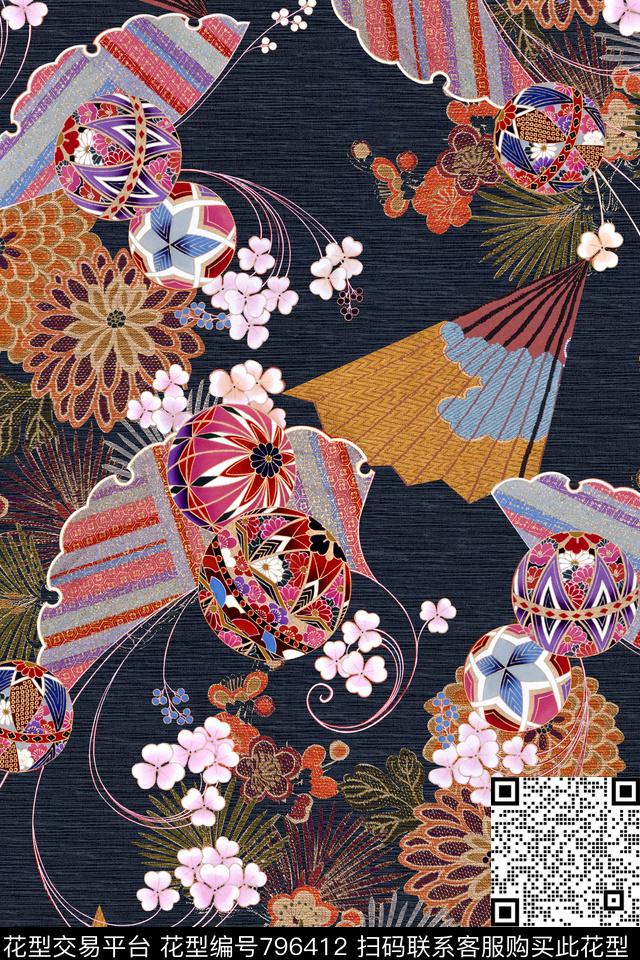 民族风扇子花卉数码印花华亿平台下载（图片编号: 796412） - 瓦栏（Walan）