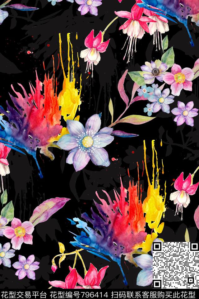 时尚手绘水彩数码印花华亿平台下载（图片编号: 796414） - 瓦栏（Walan）