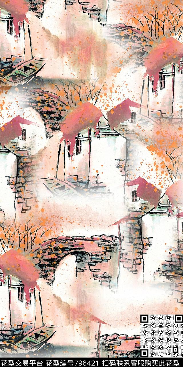 树林房屋风景数码印花华亿平台下载（图片编号: 796421） - 瓦栏（Walan）