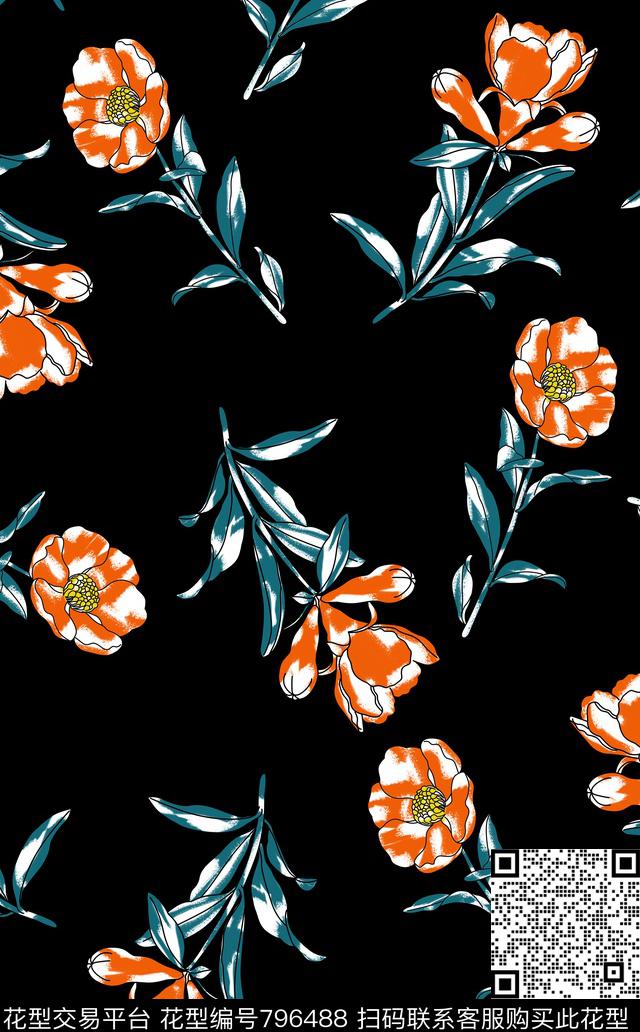 线条花卉女装时尚传统印花华亿平台下载（图片编号: 796488） - 瓦栏（Walan）