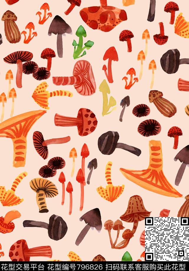 手绘四方连续蘑菇传统印花华亿平台下载（图片编号: 796826） - 瓦栏（Walan）