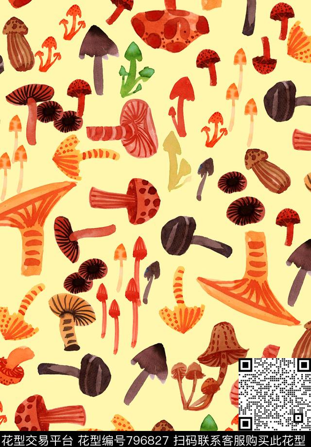 手绘四方连续蘑菇传统印花华亿平台下载（图片编号: 796827） - 瓦栏（Walan）