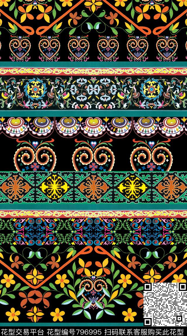 民族风条纹花卉数码印花华亿平台下载（图片编号: 796995） - 瓦栏（Walan）
