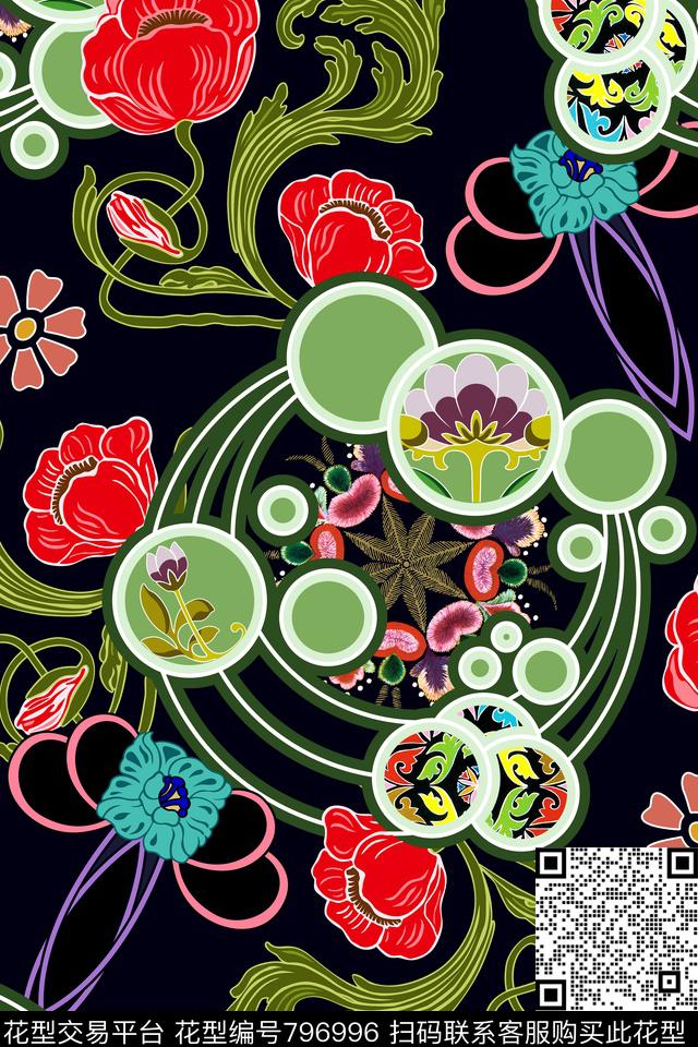 时尚手绘花卉数码印花华亿平台下载（图片编号: 796996） - 瓦栏（Walan）