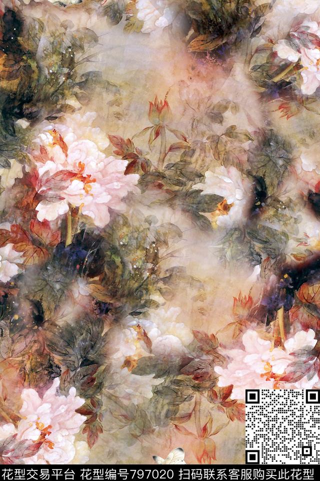 树枝牡丹朦胧数码印花华亿平台下载（图片编号: 797020） - 瓦栏（Walan）