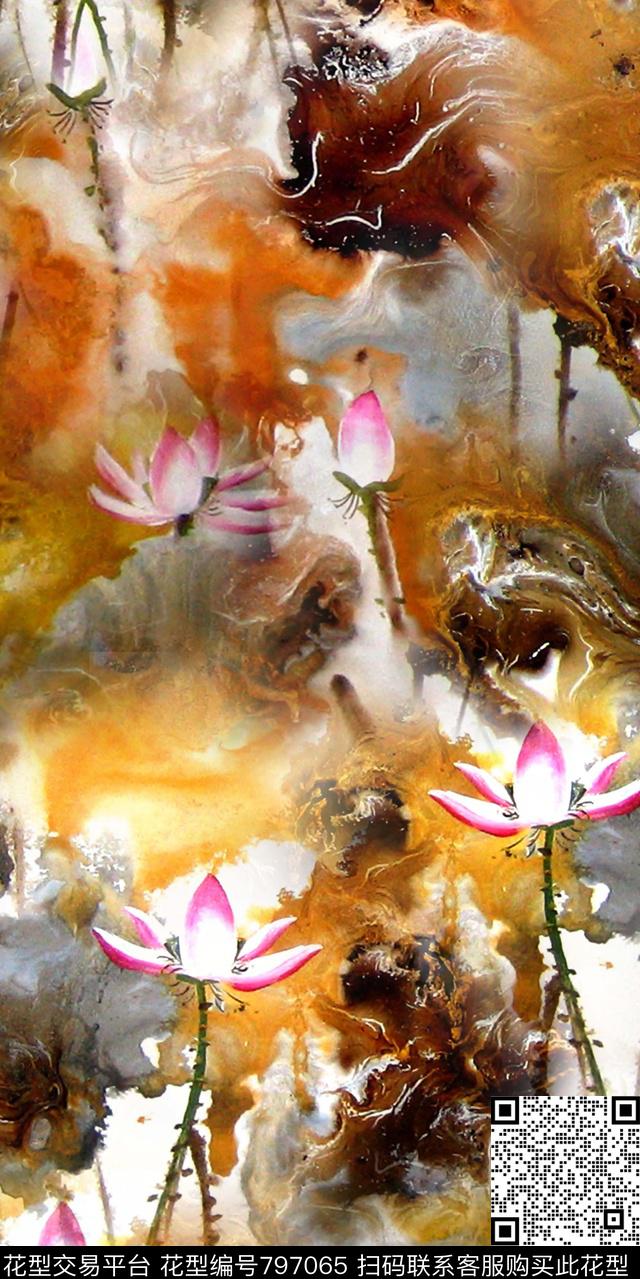 水彩荷花花朵数码印花华亿平台下载（图片编号: 797065） - 瓦栏（Walan）