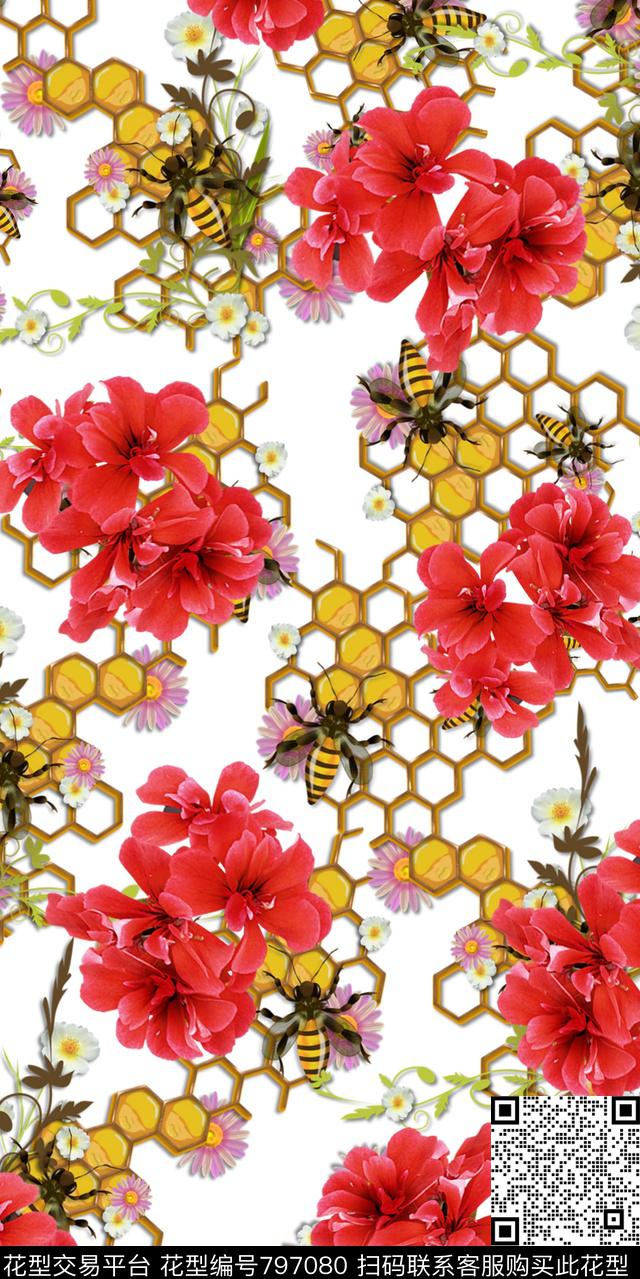 牡丹花卉蜜蜂数码印花华亿平台下载（图片编号: 797080） - 瓦栏（Walan）