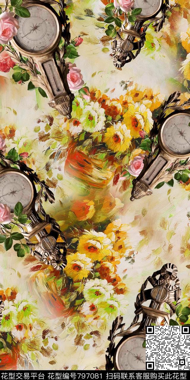 菊花雏菊钟数码印花华亿平台下载（图片编号: 797081） - 瓦栏（Walan）