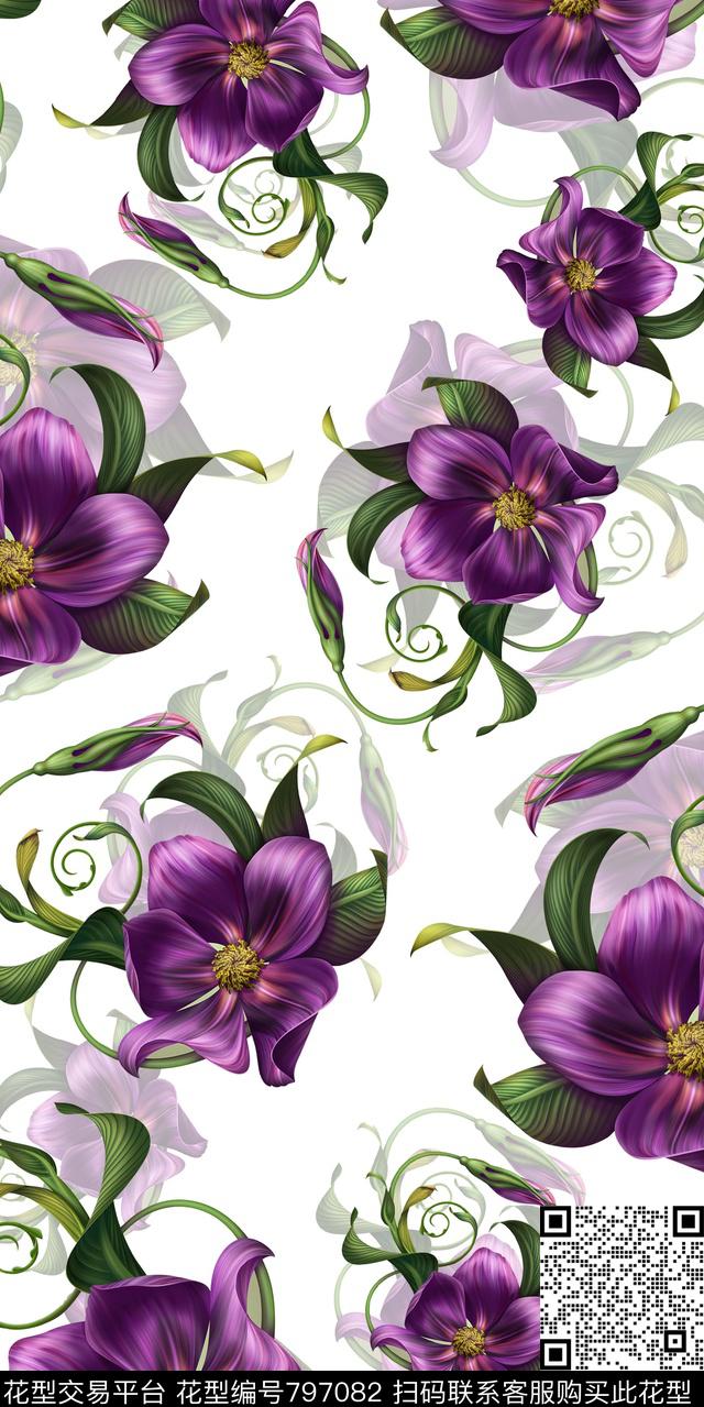 兰花牵牛花曼陀罗数码印花华亿平台下载（图片编号: 797082） - 瓦栏（Walan）