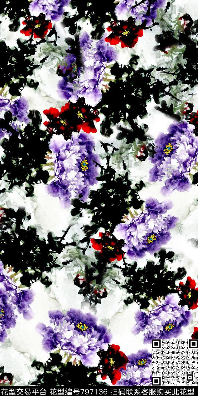 花卉水彩花数码印花华亿平台下载（图片编号: 797136） - 瓦栏（Walan）