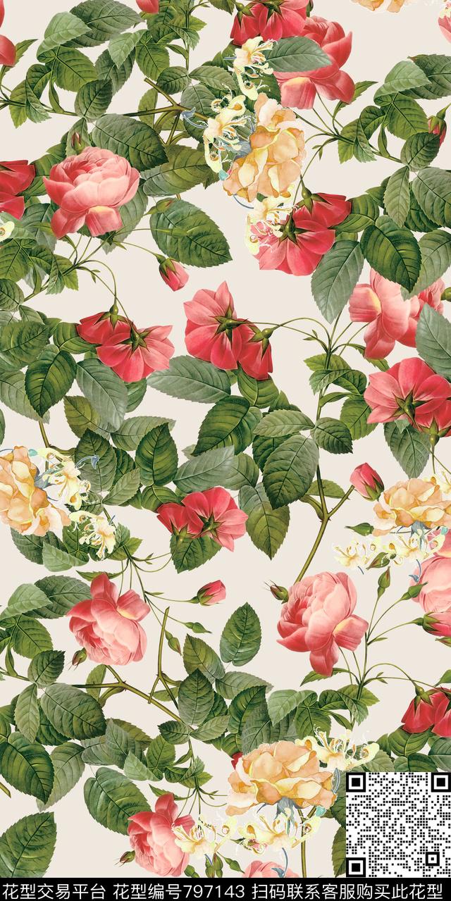 乱花大花花朵数码印花华亿平台下载（图片编号: 797143） - 瓦栏（Walan）