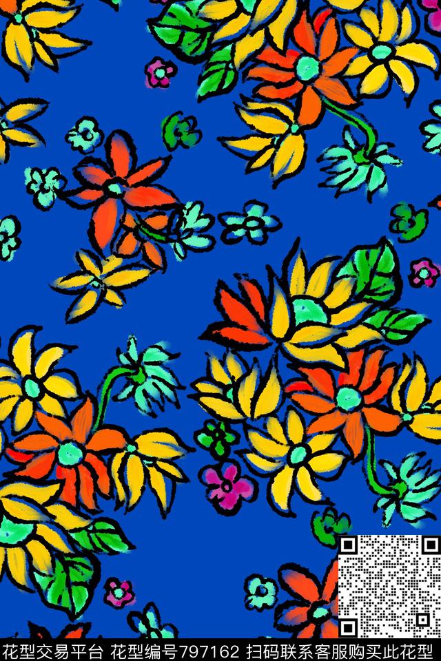 艺术花卉手工线条粗糙肌理传统印花华亿平台下载（图片编号: 797162） - 瓦栏（Walan）