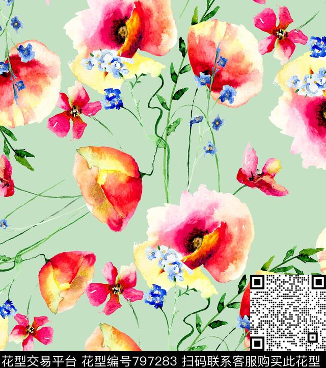 手绘花卉植物数码印花华亿平台下载（图片编号: 797283） - 瓦栏（Walan）