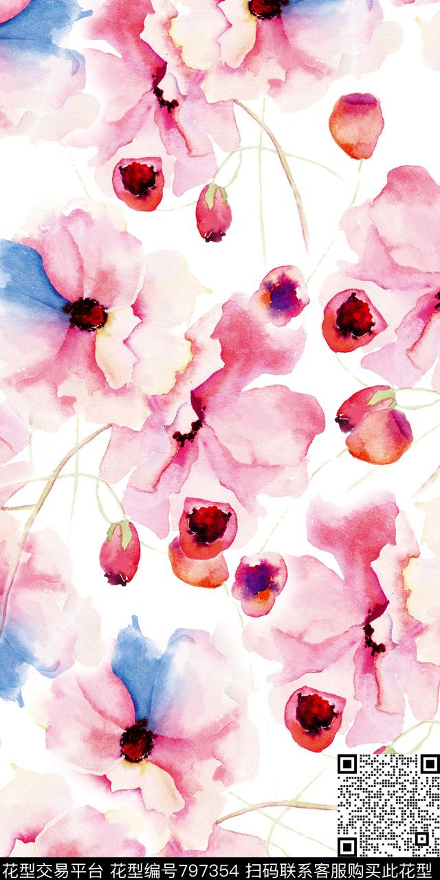 水彩花卉水墨数码印花华亿平台下载（图片编号: 797354） - 瓦栏（Walan）