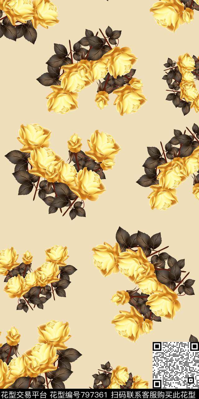 玫瑰玉兰花乱花数码印花华亿平台下载（图片编号: 797361） - 瓦栏（Walan）