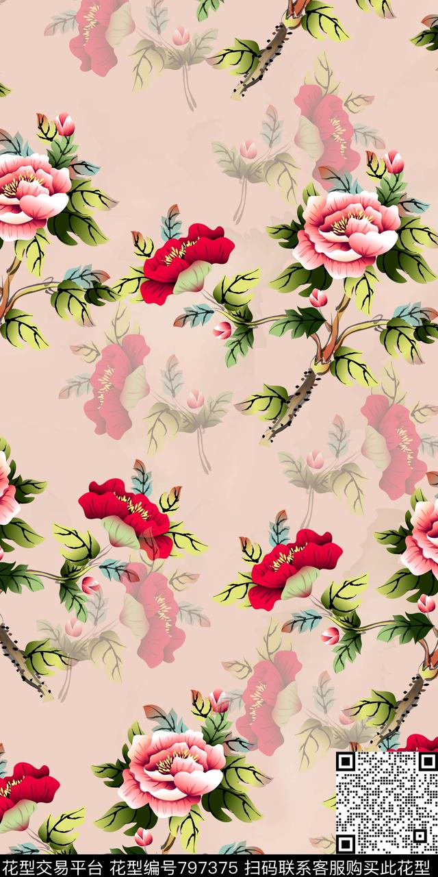 手绘花朵数码印花数码印花华亿平台下载（图片编号: 797375） - 瓦栏（Walan）