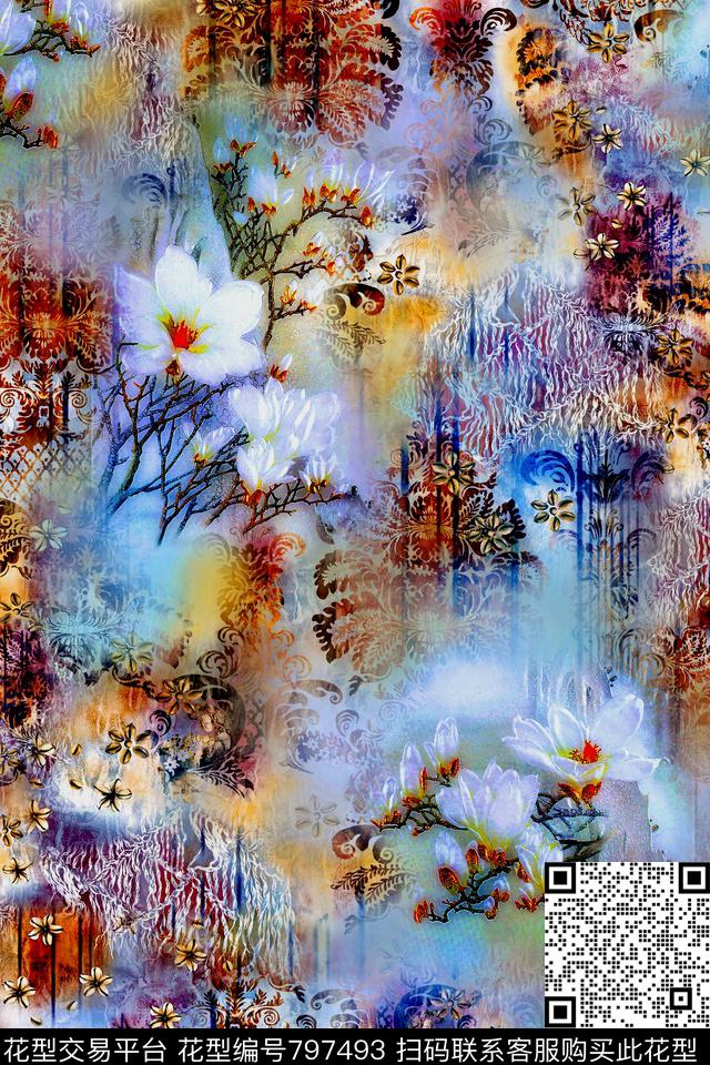 抽象花卉肌理数码印花华亿平台下载（图片编号: 797493） - 瓦栏（Walan）