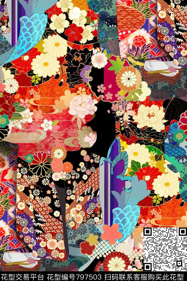 日式风格东方风格浮世绘数码印花华亿平台下载（图片编号: 797503） - 瓦栏（Walan）