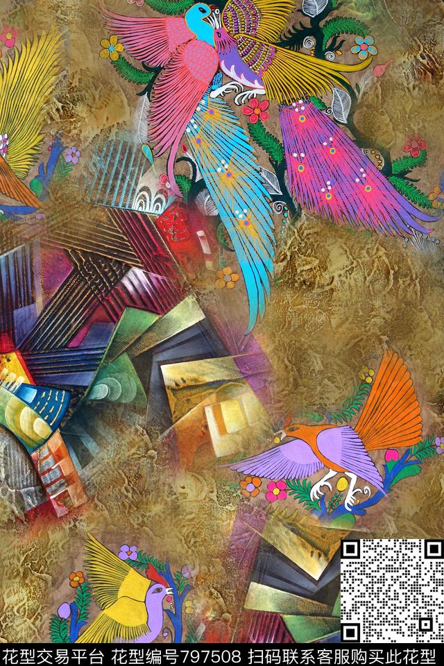 几何抽象小鸟数码印花华亿平台下载（图片编号: 797508） - 瓦栏（Walan）