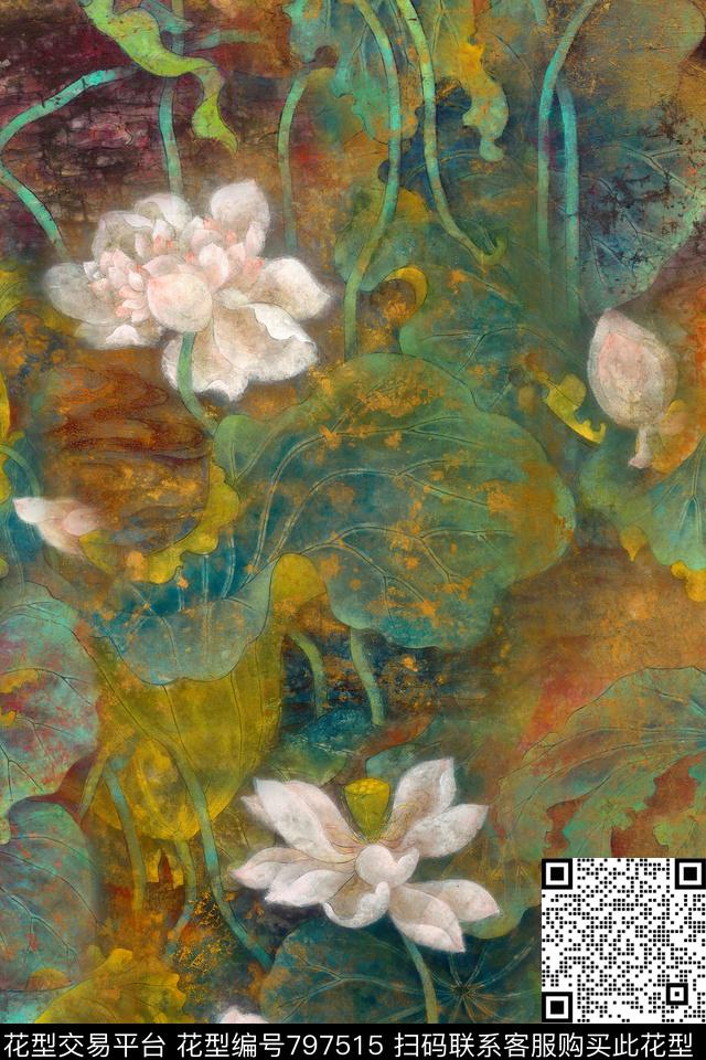 荷花荷叶肌理数码印花华亿平台下载（图片编号: 797515） - 瓦栏（Walan）