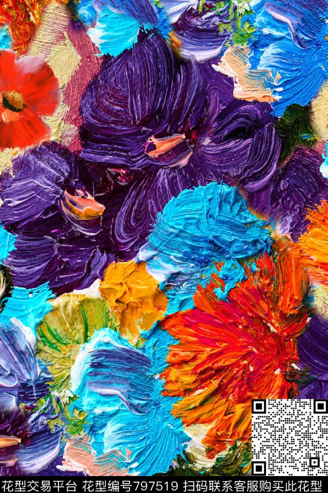 油画肌理花卉数码印花华亿平台下载（图片编号: 797519） - 瓦栏（Walan）