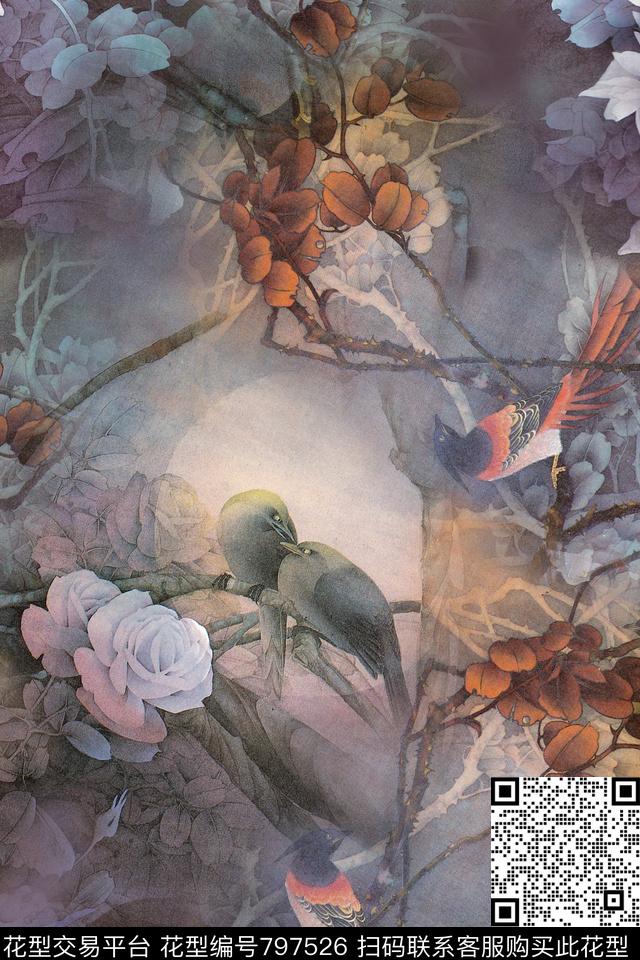 花卉中国风工笔数码印花华亿平台下载（图片编号: 797526） - 瓦栏（Walan）