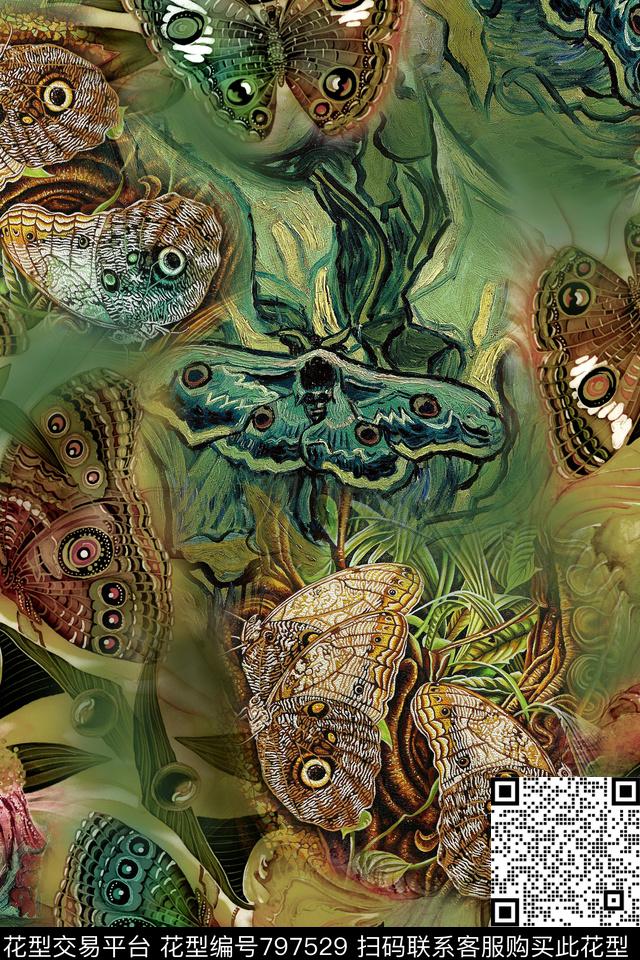 蝴蝶油画肌理数码印花华亿平台下载（图片编号: 797529） - 瓦栏（Walan）