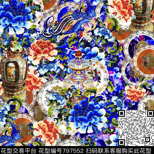 凤凰瓷瓶牡丹数码印花华亿平台下载（图片编号: 797552） - 瓦栏（Walan）