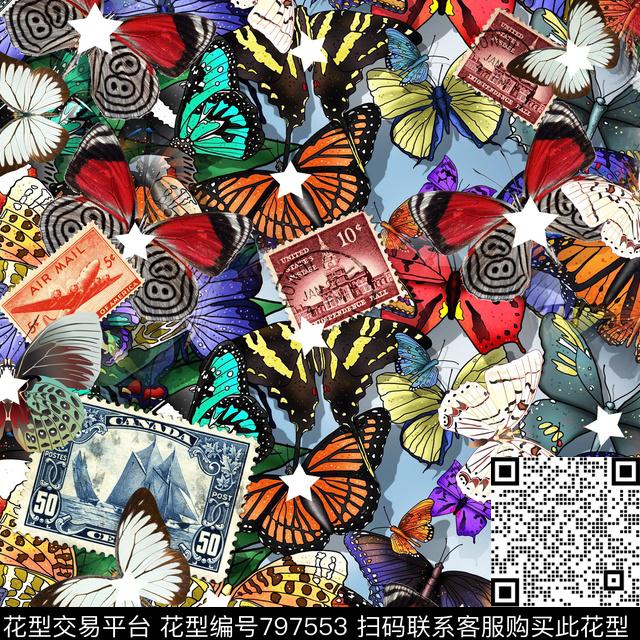 蝴蝶邮票手绘数码印花华亿平台下载（图片编号: 797553） - 瓦栏（Walan）
