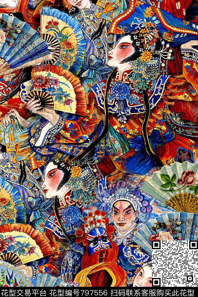 中国风京剧扇子数码印花华亿平台下载（图片编号: 797556） - 瓦栏（Walan）