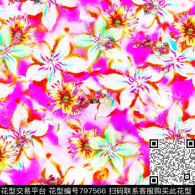 手绘花卉花卉珠片数码印花华亿平台下载（图片编号: 797566） - 瓦栏（Walan）