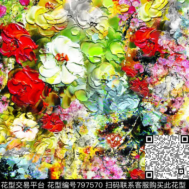 手绘花卉花卉抽象数码印花华亿平台下载（图片编号: 797570） - 瓦栏（Walan）