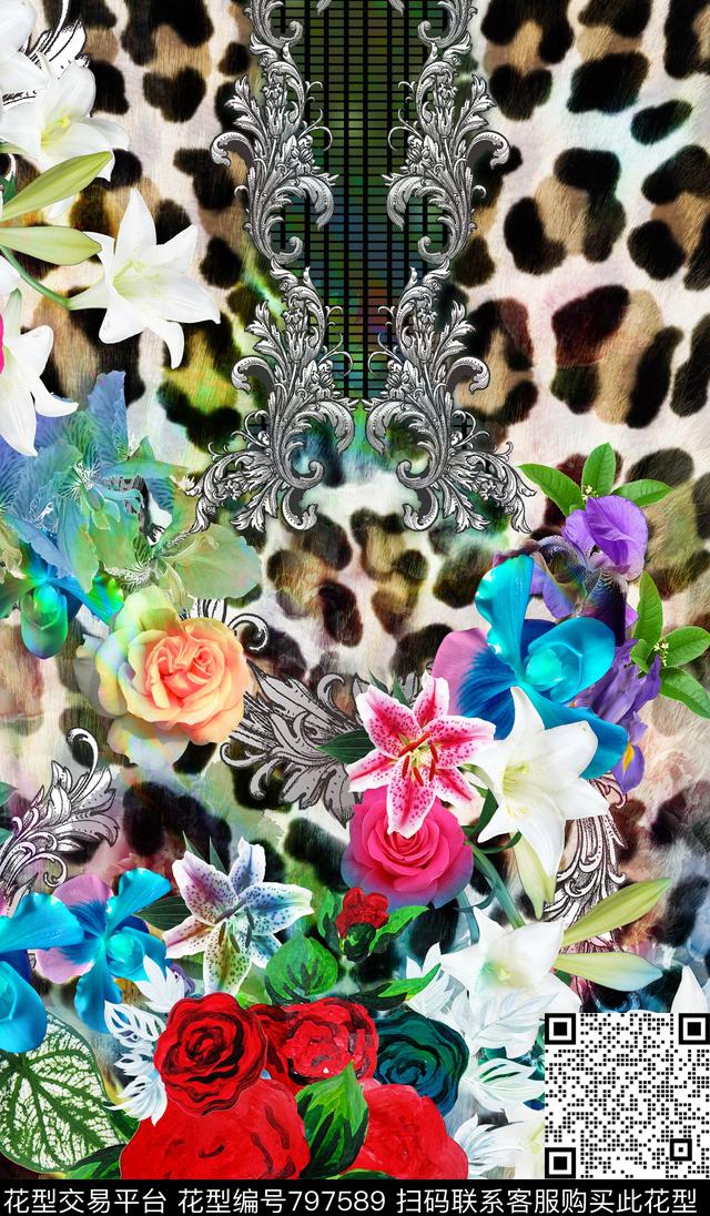 豹纹百合玫瑰数码印花华亿平台下载（图片编号: 797589） - 瓦栏（Walan）