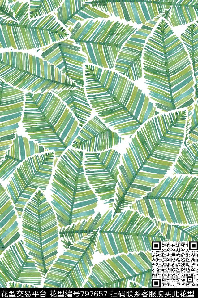 热带叶子油棕树叶传统印花华亿平台下载（图片编号: 797657） - 瓦栏（Walan）